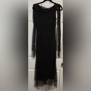 Harlow Vintage Black and Silver Mesh Fringe Hem Midi Dress Size 8